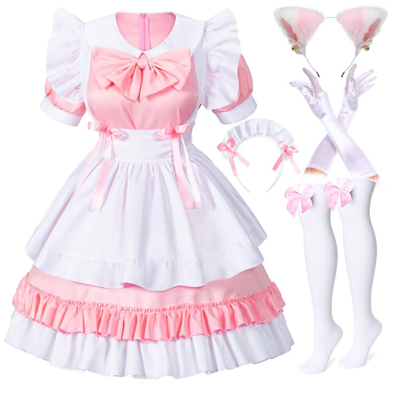 Irtysh Girl Sweet Kawaii Costume Dress Anime French Maid Cosplay Furry Cat Ear Gloves Socks Set(Pink 3XL) - Image 1